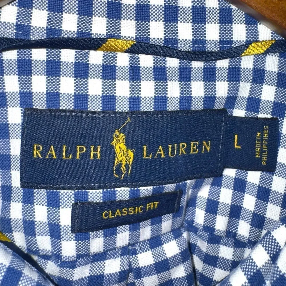 Polo Ralph Lauren Navy Gingham Classic Fit Flesh Pony Oxford Shirt L